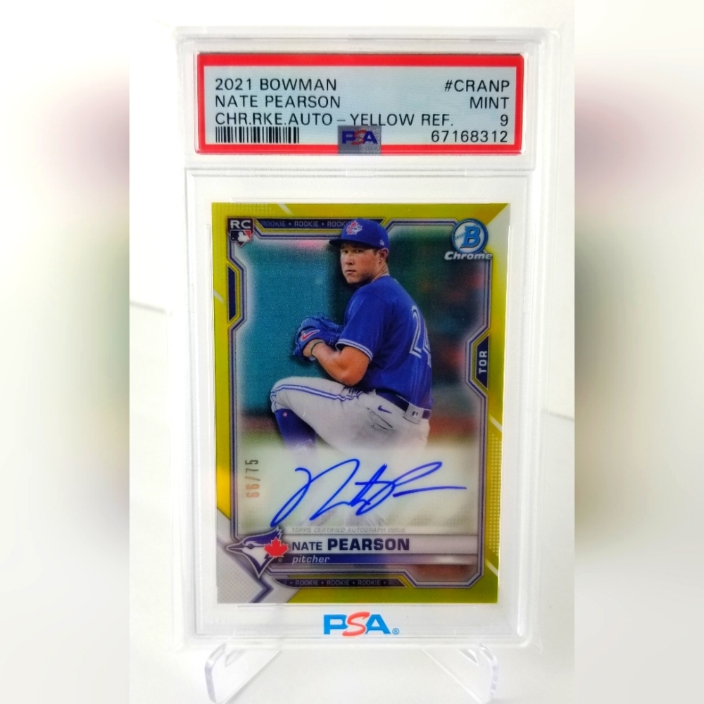 2021 Bowman Chrome Nate Pearson CHR RKE AUTO YELLOW REF /75 #CRA-NP PSA 9 MINT